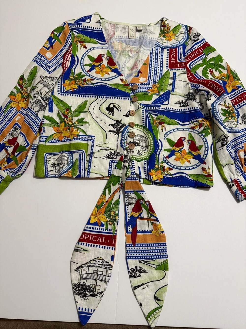Joie Tropical Colorful Linen Crop Blouse Tie